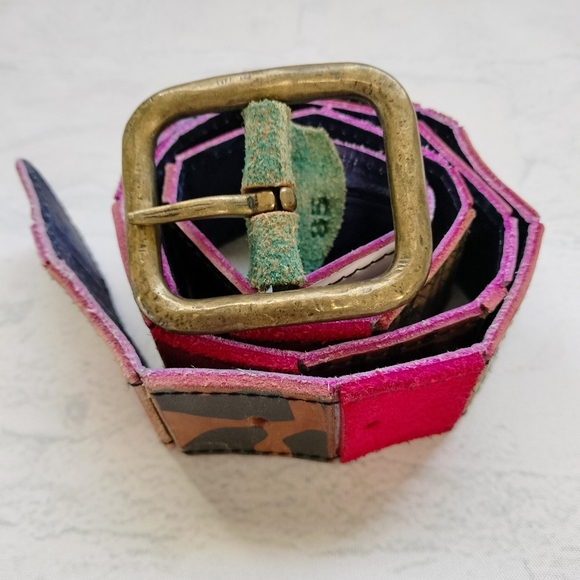 Source Unknown Accessories - Unbranded Women's Belt Patchwork Multicolored Retro Boho 1.5 Wide Brass Buckle